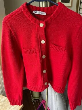 Zara Bright Red Button-Front Knit Cardigan